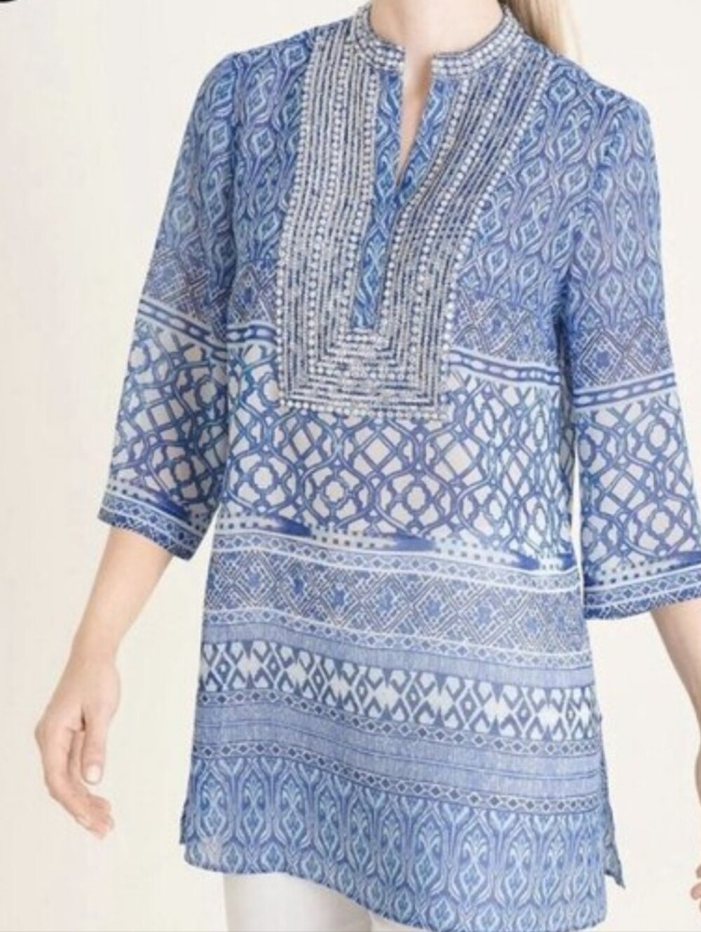 Chico's Blue Seaside Chiffon Embellished Tunic Size 2 Women's 12-14 - Picture 7 of 12